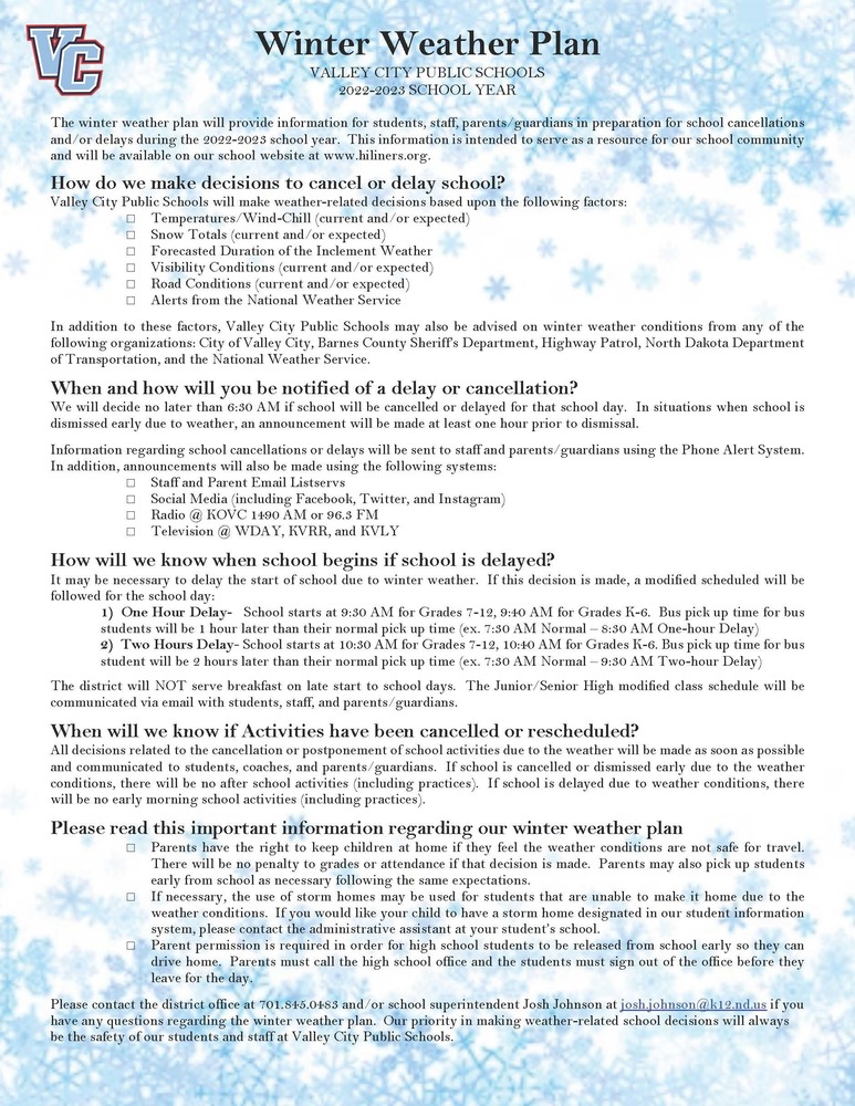 A flyer with a blue and white snowflake background and a valley city public school logo, containing the description of the Winter weather plan for Valley City Public Schools 