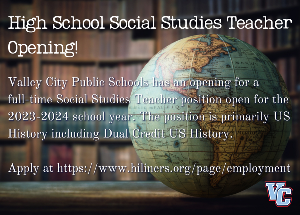 Picture of a globe in a library advertising a high school social studies teacher job opening